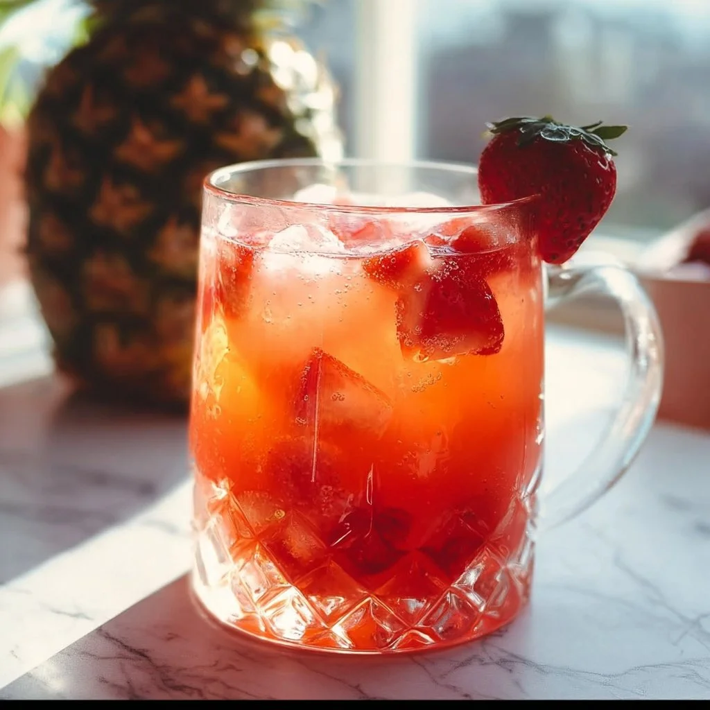 Refreshing Strawberry Coconut Rum Punch served in a glass with strawberries and coconut.