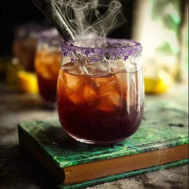 Drunk Witch Cocktail served in a spooky glass with garnish.