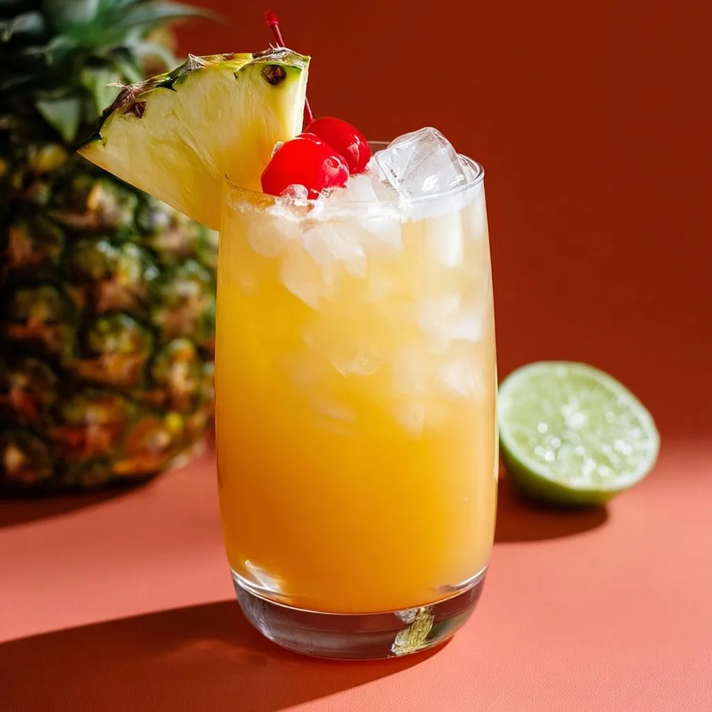 Tropical Fizz mocktail served with tropical fruits and garnishes