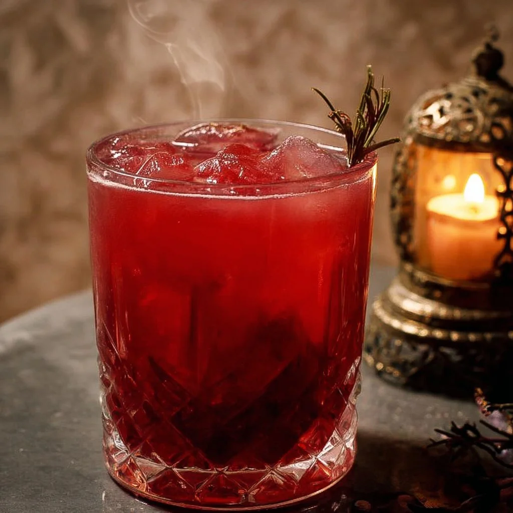Non-alcoholic Vampire's Kiss cocktail garnished with fruit and herbs
