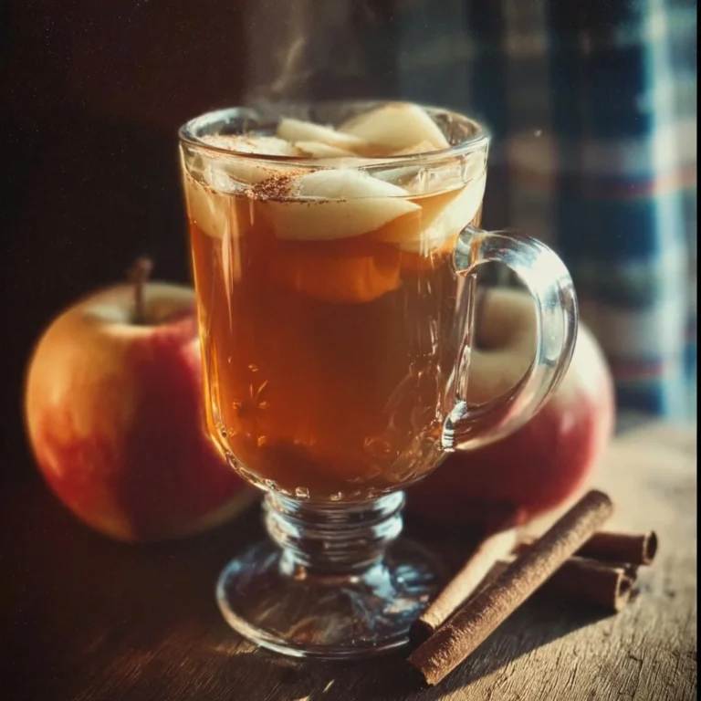 Warm caramel apple cider cocktail in a glass garnished with an apple slice.