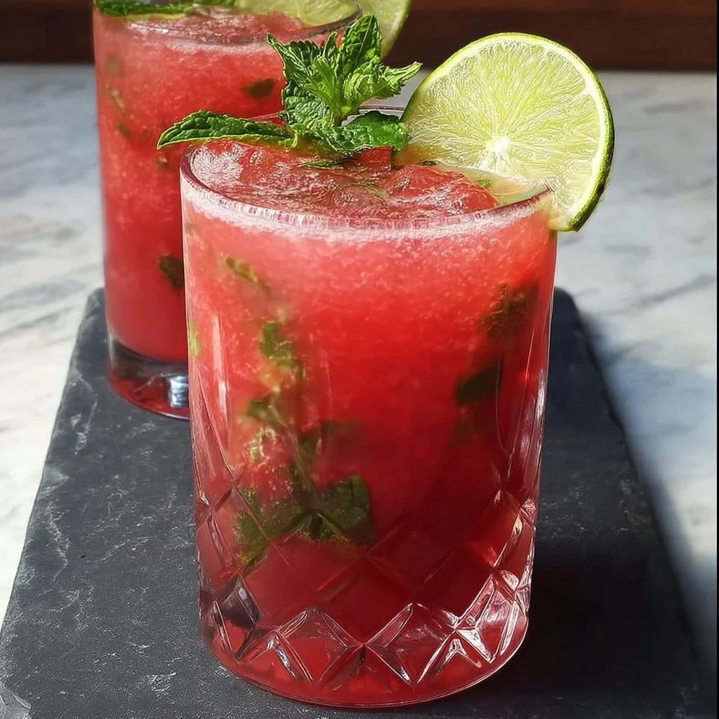 Refreshing Watermelon Mint Mojito mocktail in a glass with mint leaves.