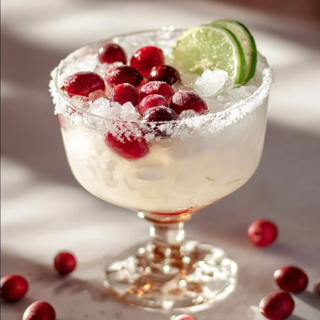 White Christmas Cranberry Margarita in a festive glass with cranberries and lime