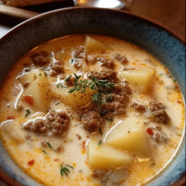 Bowl of Wisconsin-style creamy potato hamburger soup with fresh herbs