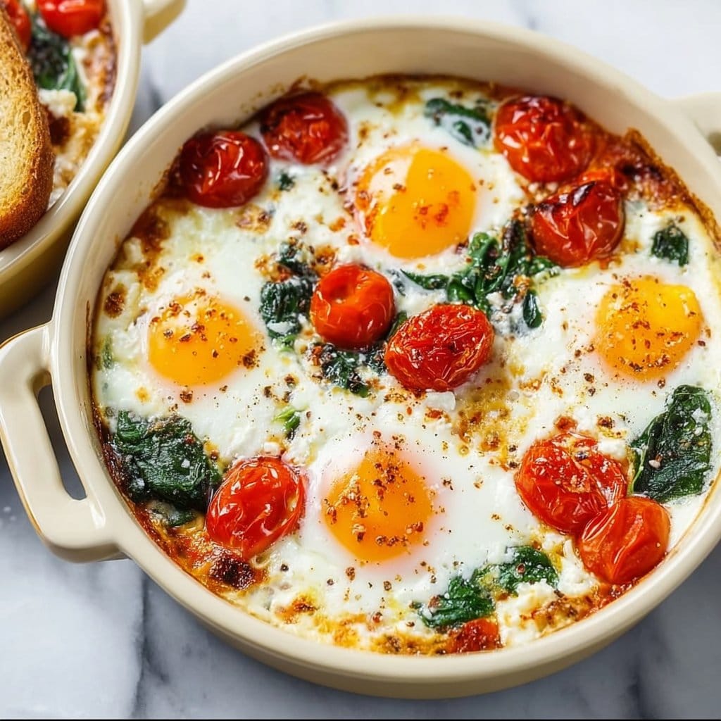 Baked Feta Eggs with Tomatoes and Spinach