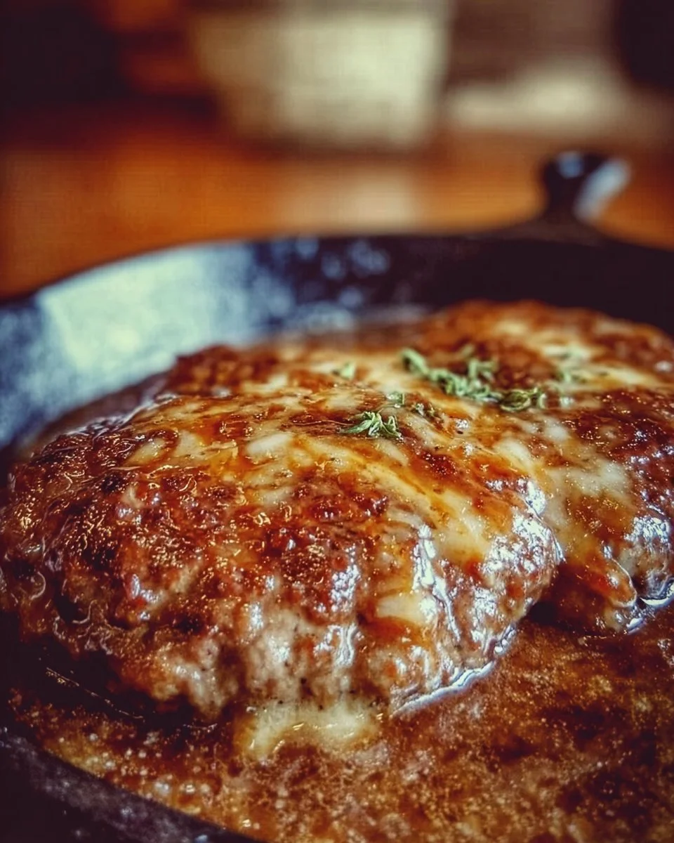 Amish Hamburger Steak Bake served with vegetables and gravy