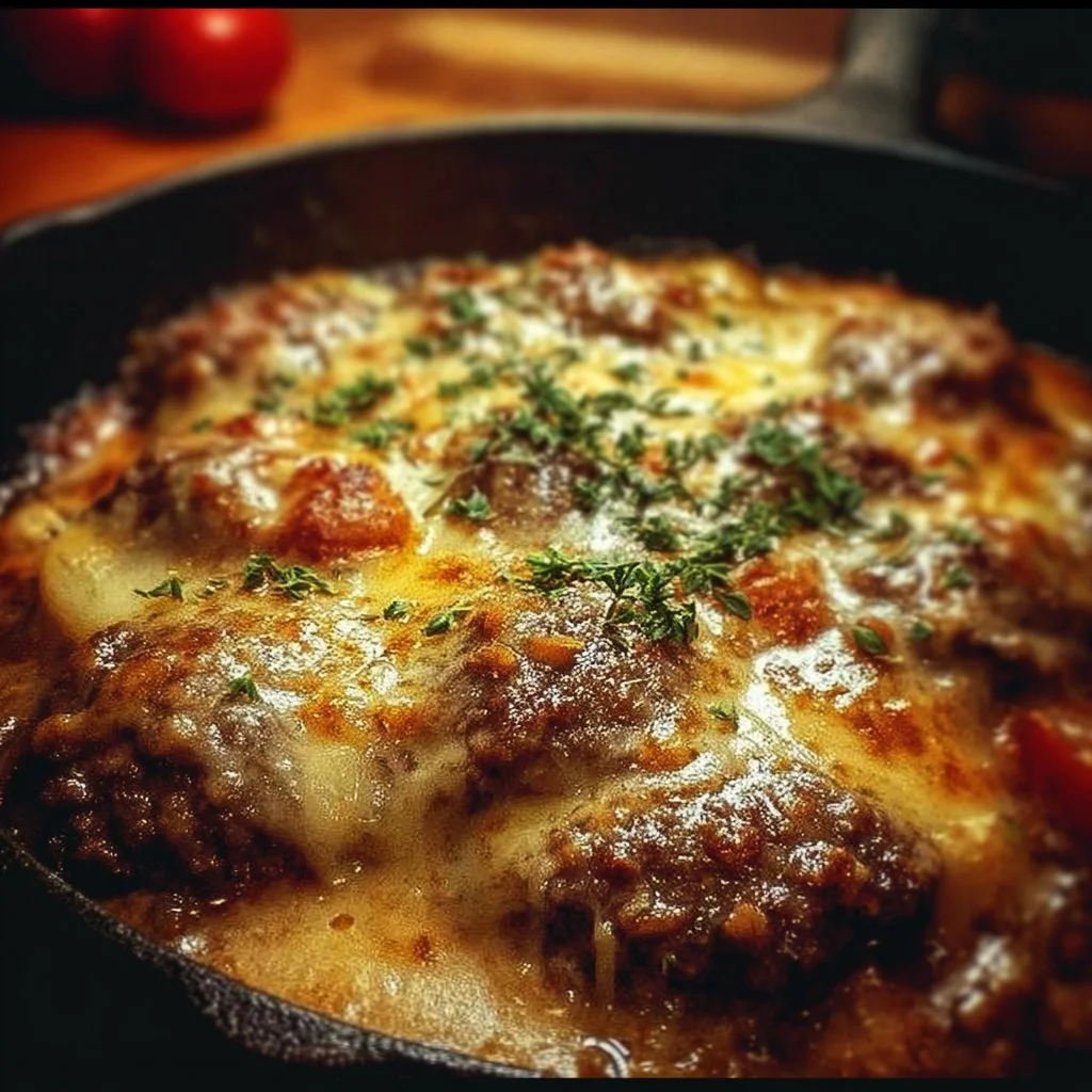 Amish Hamburger Steak Bake topped with savory gravy and served with vegetables.