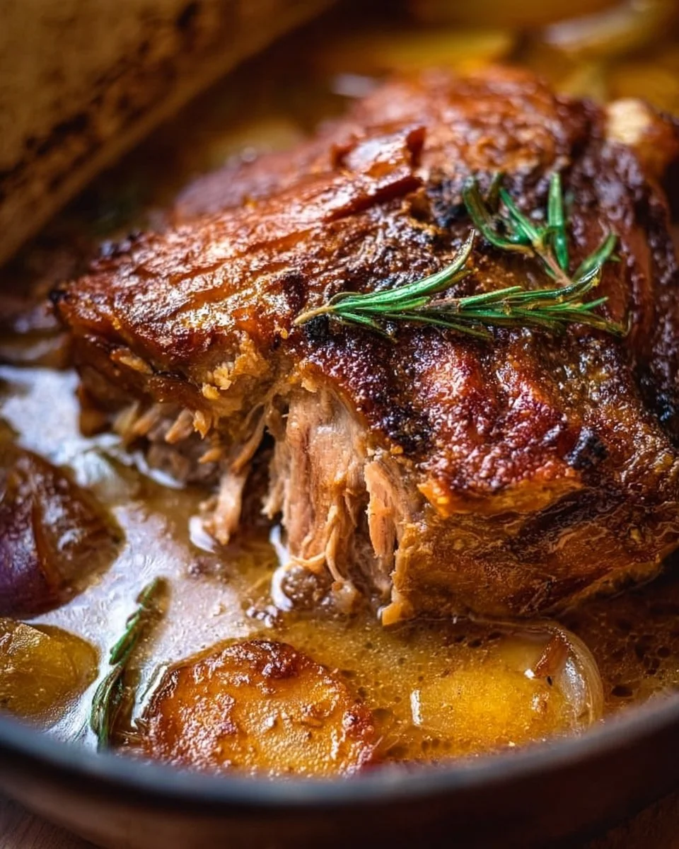 Delicious Apple Cider Braised Pork Shoulder served with vegetables