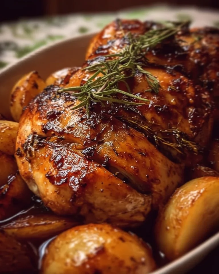 Juicy Apple Cider Chicken with herbs and spices served on a plate.