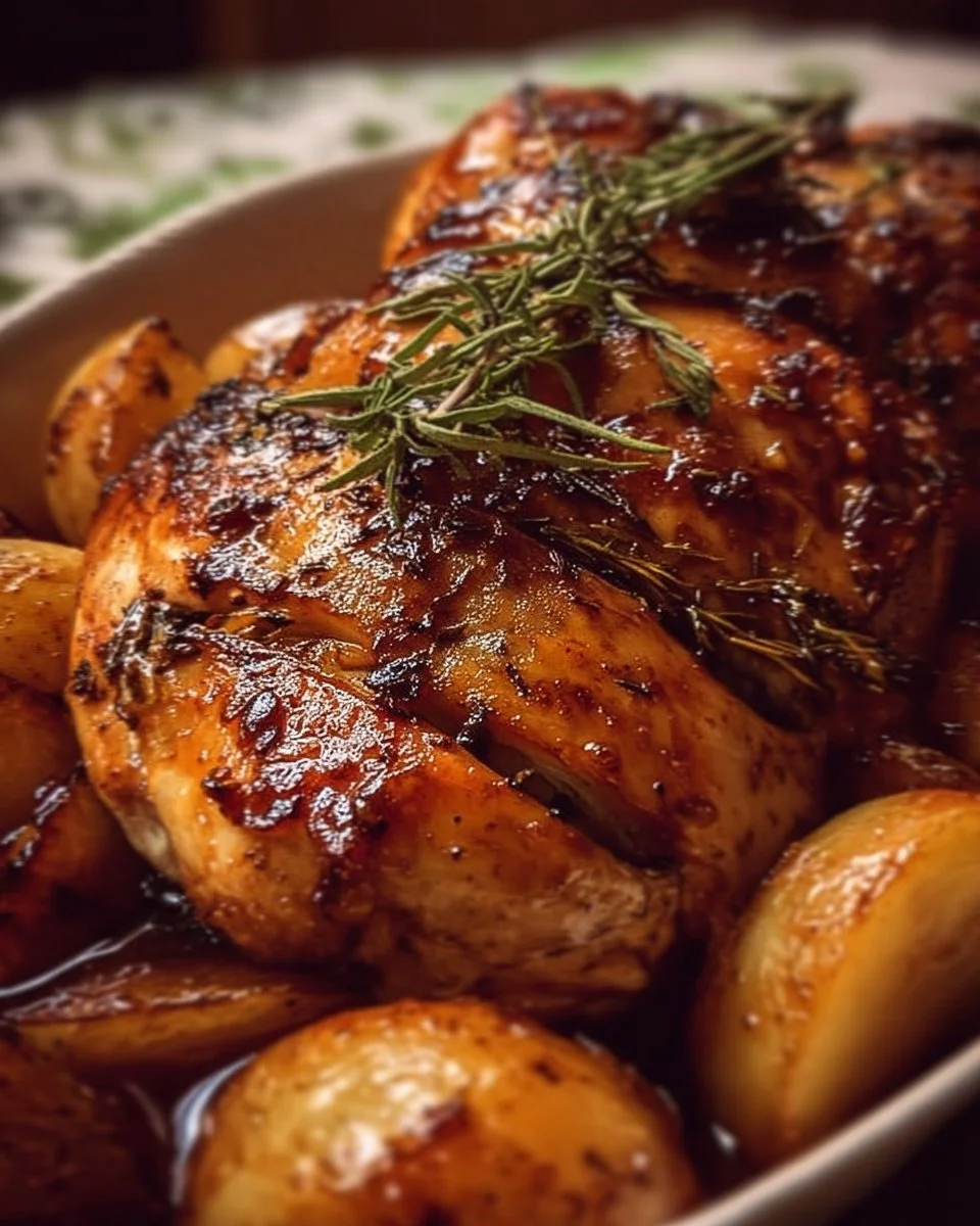 Juicy Apple Cider Chicken with herbs and spices served on a plate.