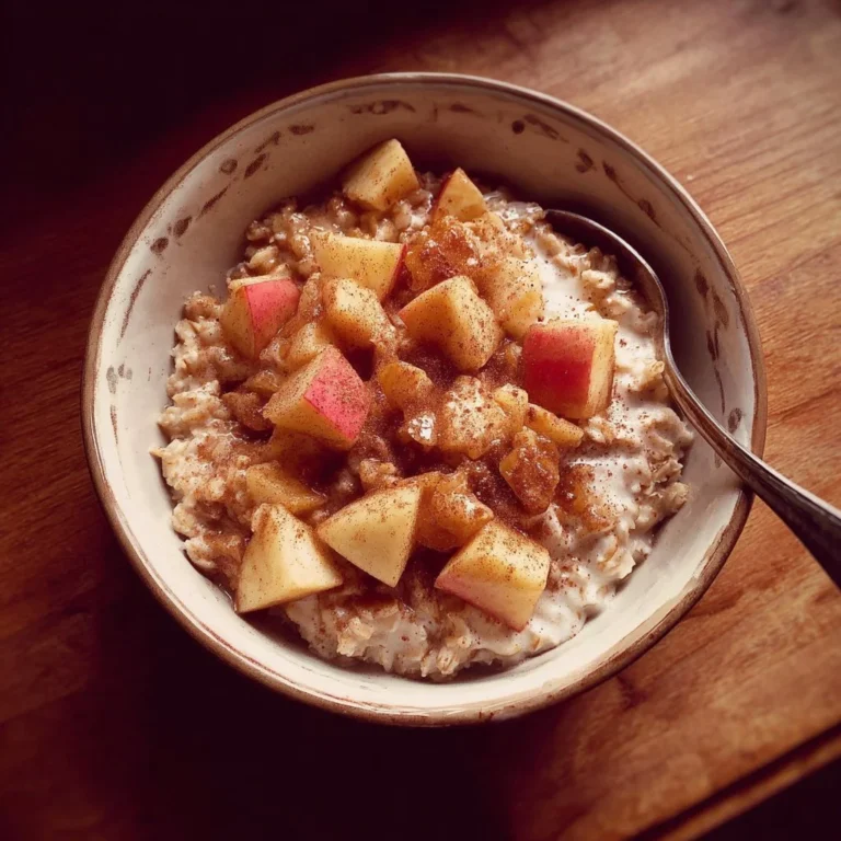 A bowl of apple cinnamon oatmeal topped with fresh apples and cinnamon.