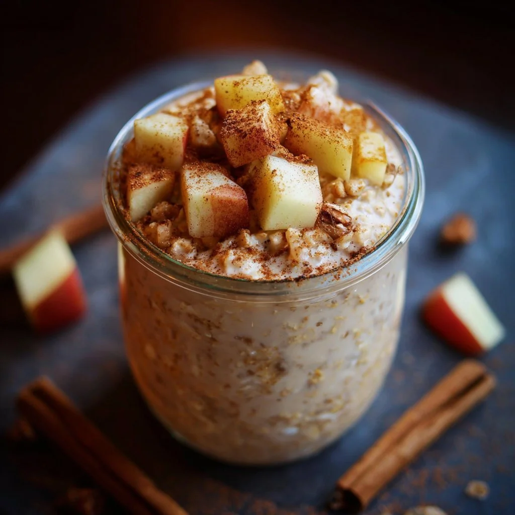 Delicious bowl of Apple Cinnamon Overnight Oats topped with fresh apple slices and cinnamon