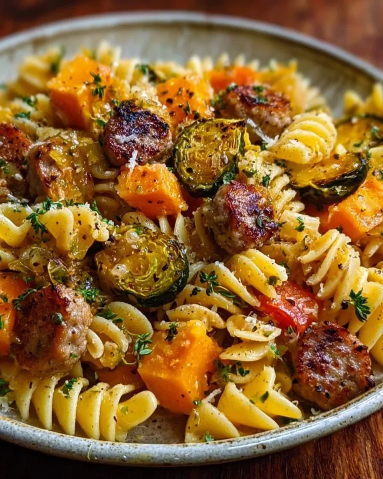 Delicious autumn sausage pasta squash dish served in a bowl