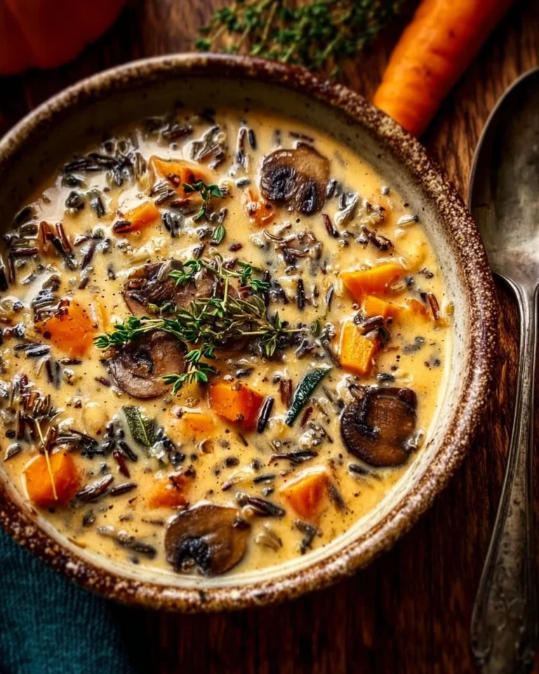 Bowl of Autumn Wild Rice Soup with fresh herbs and vegetables