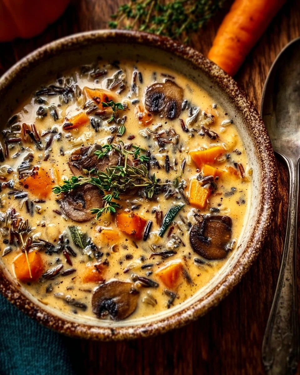 Bowl of Autumn Wild Rice Soup with fresh herbs and vegetables
