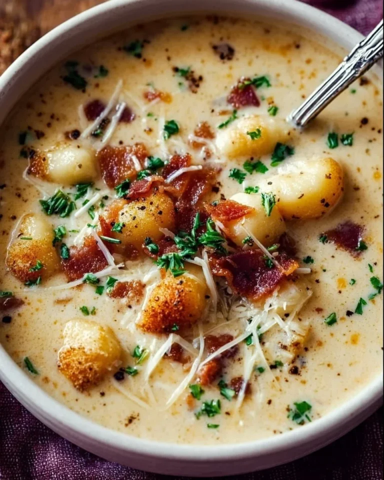 Bowl of creamy Bacon Cheddar Gnocchi Soup with crispy bacon and cheese.