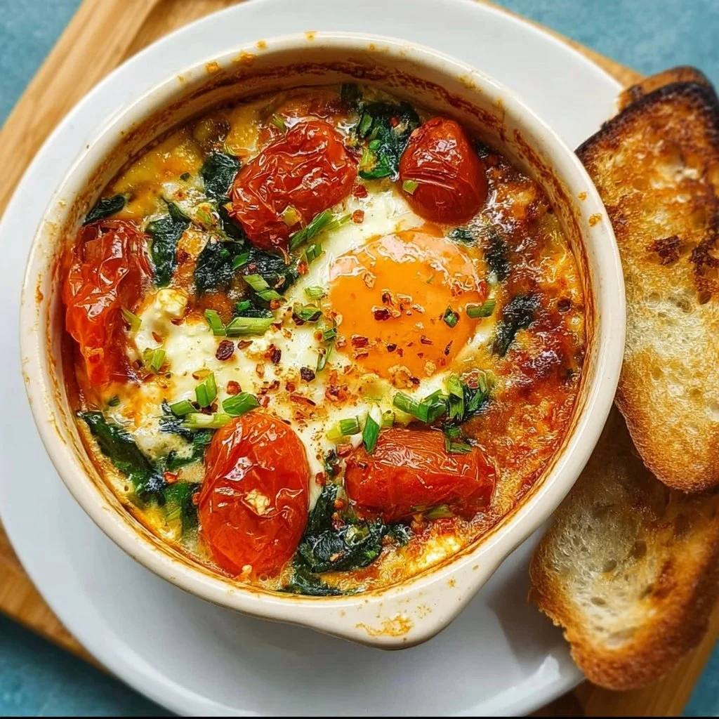 Baked feta eggs with tomatoes and spinach served in a rustic dish