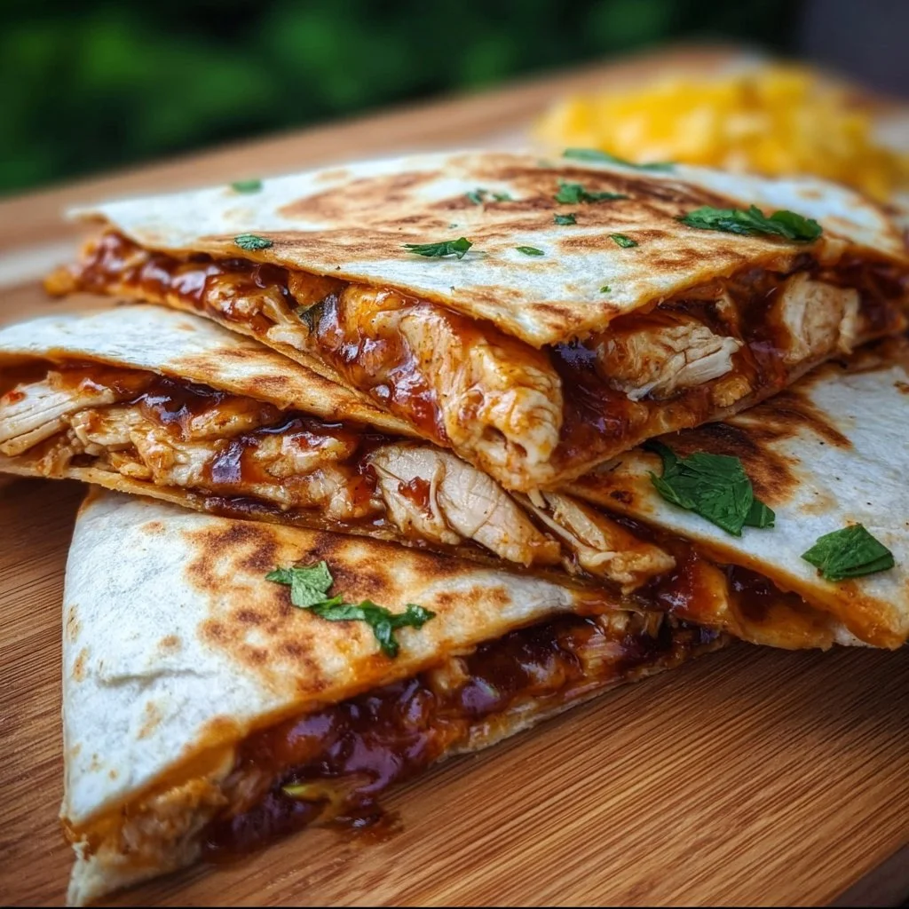 Delicious BBQ chicken quesadillas served with dipping sauce