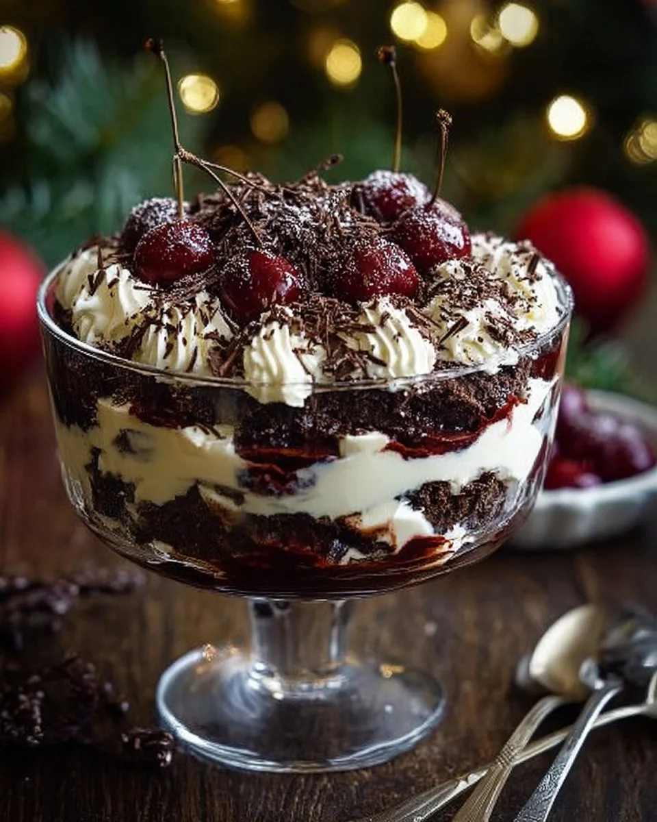 Delicious Black Forest Trifle layered with chocolate, cherries, and cream for Christmas