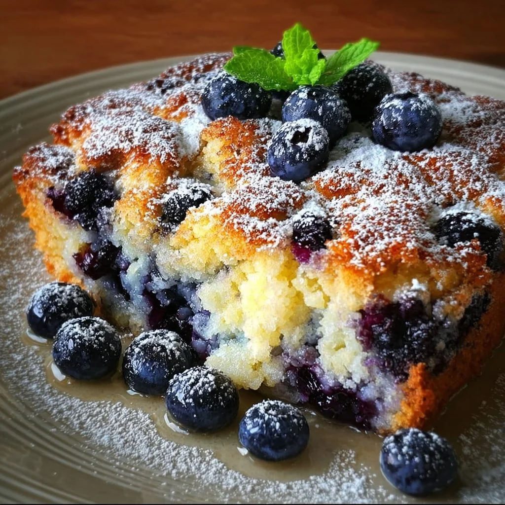 Blueberry Breakfast Cake served on a plate with fresh blueberries on top.
