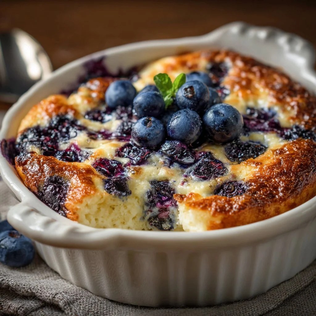 Blueberry cottage cheese bake served in a dish with fresh blueberries on top.
