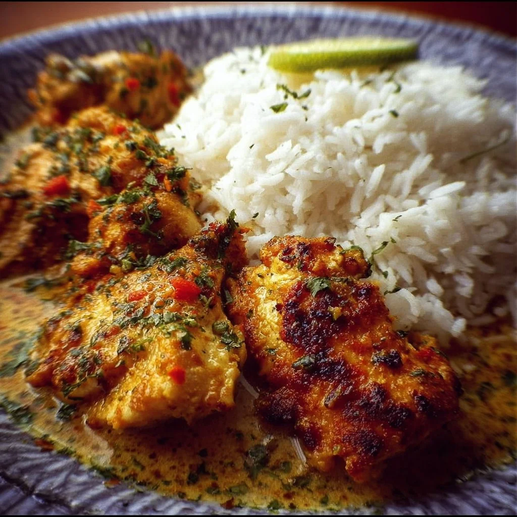 Delicious Brazilian Coconut Chicken served on a plate with fresh herbs