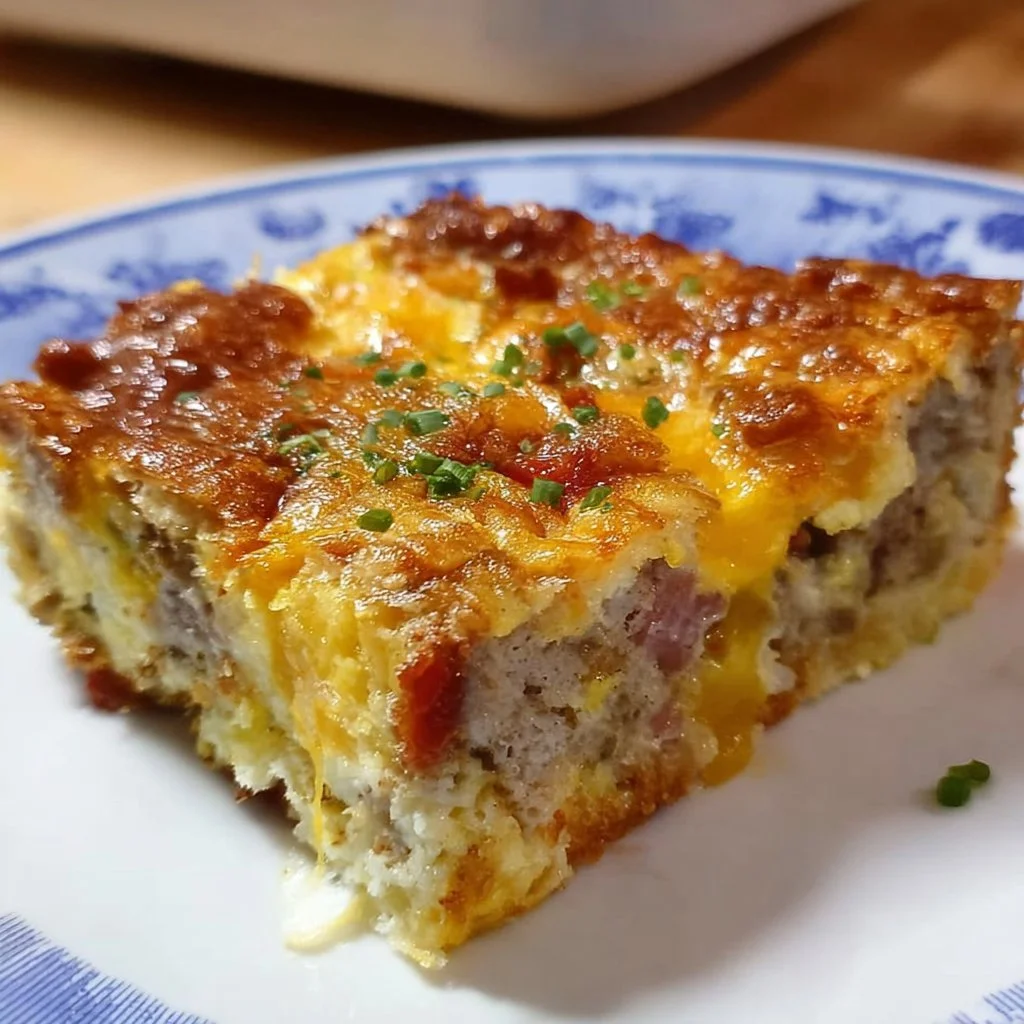Delicious breakfast casserole with eggs, cheese, and vegetables