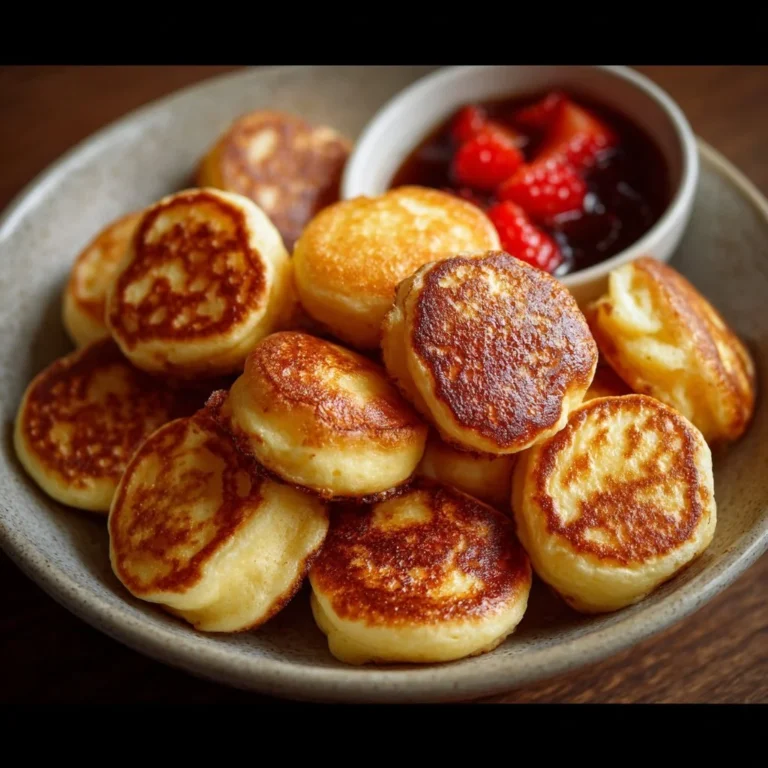Delicious breakfast pancake poppers served with syrup and berries
