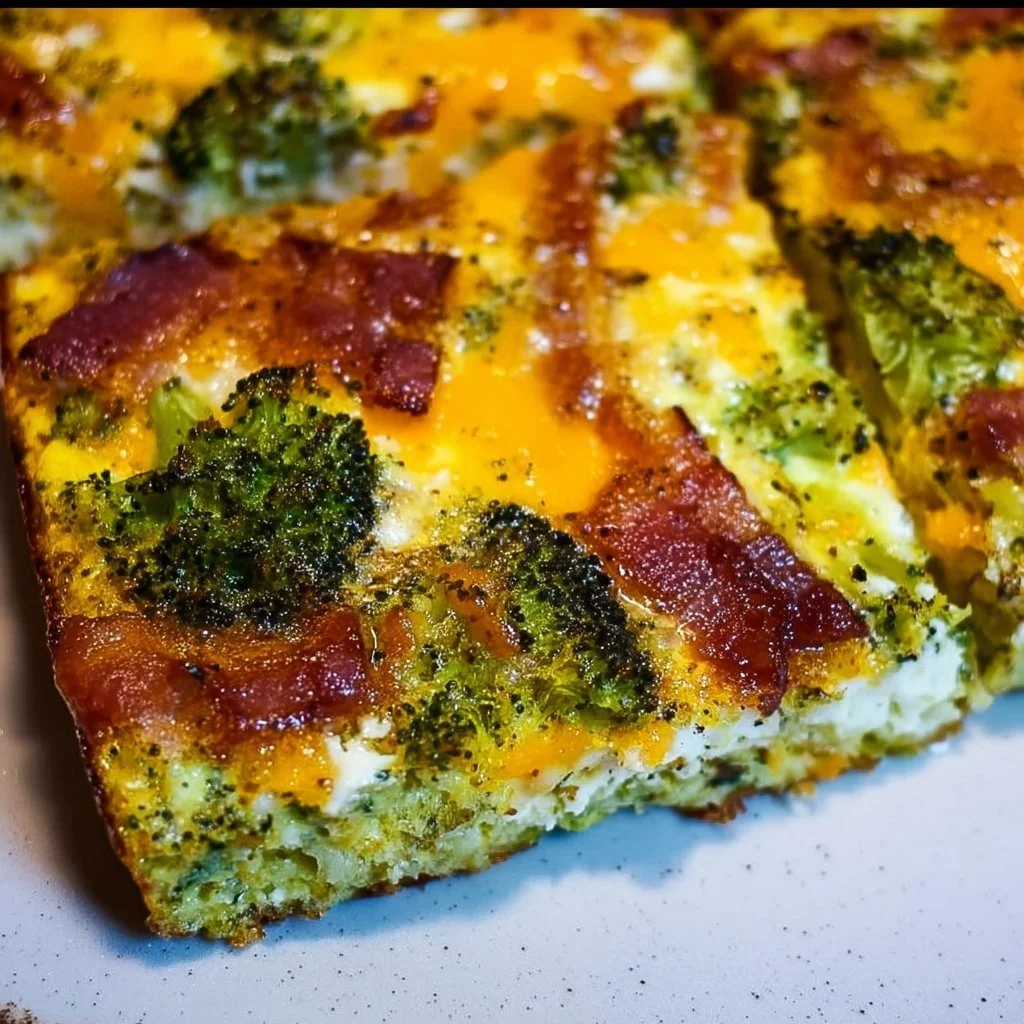 Broccoli Cheddar Egg Bake with Turkey Bacon in a baking dish