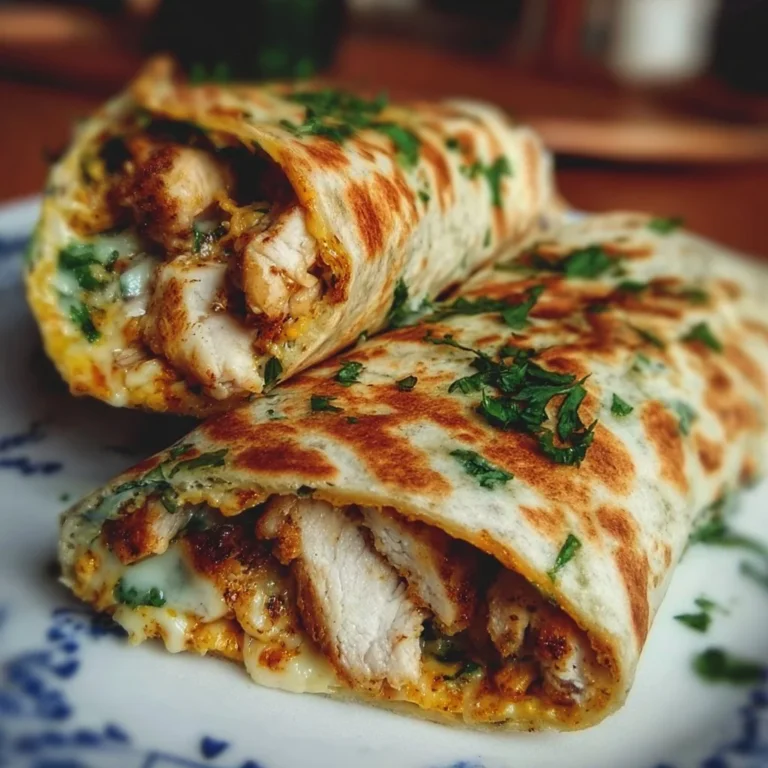 Cheesy garlic chicken wraps garnished with herbs and served on a plate.