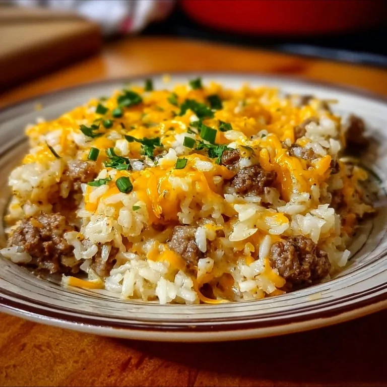 Cheesy hamburger rice casserole baked and served in a dish.