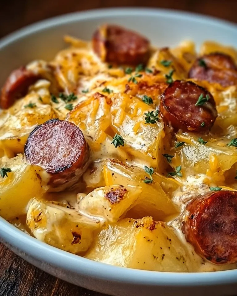Plate of cheesy ranch potatoes and smoked sausage for a hearty meal
