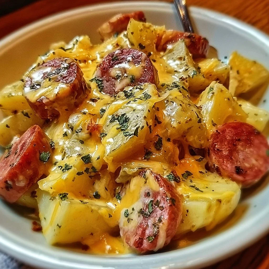 Creamy Cheesy Ranch Potatoes with Smoked Sausage on a plate
