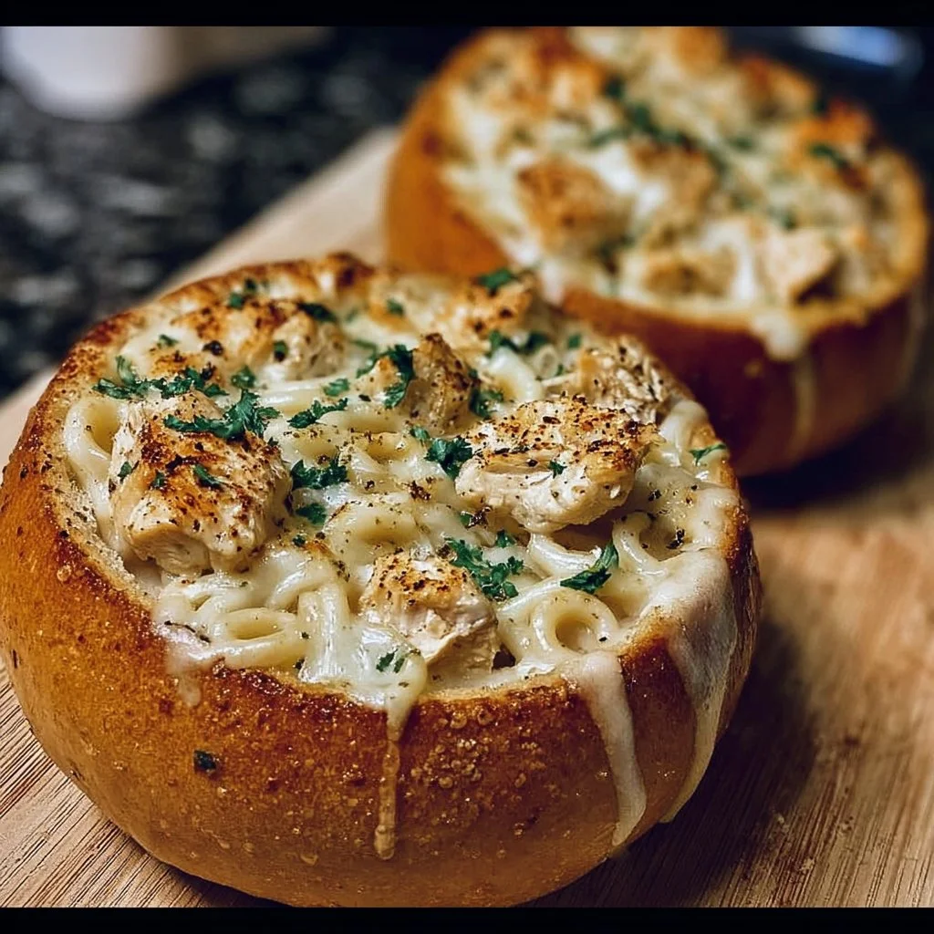 Chicken Alfredo Garlic Bread Bowls with creamy sauce and grilled chicken