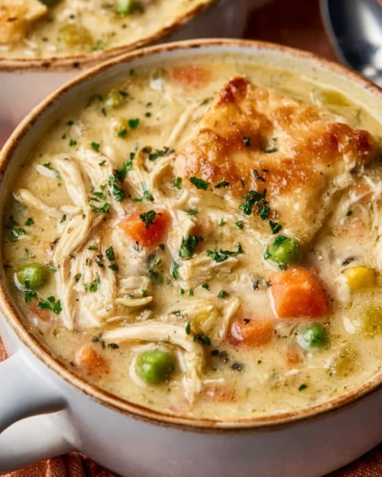 Delicious Chicken Pot Pie Soup filled with vegetables and chicken