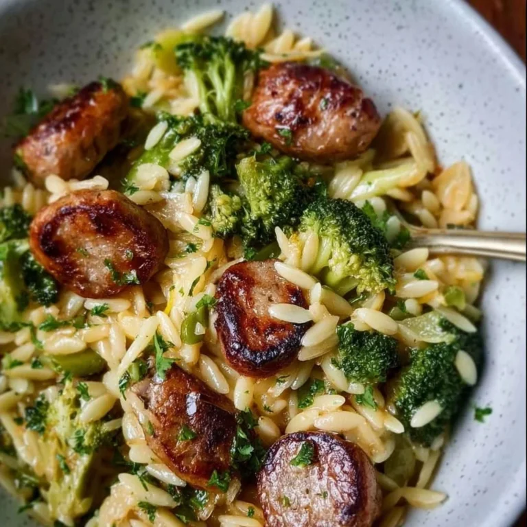 Chicken sausage and broccoli orzo dish served in a bowl, garnished with herbs.