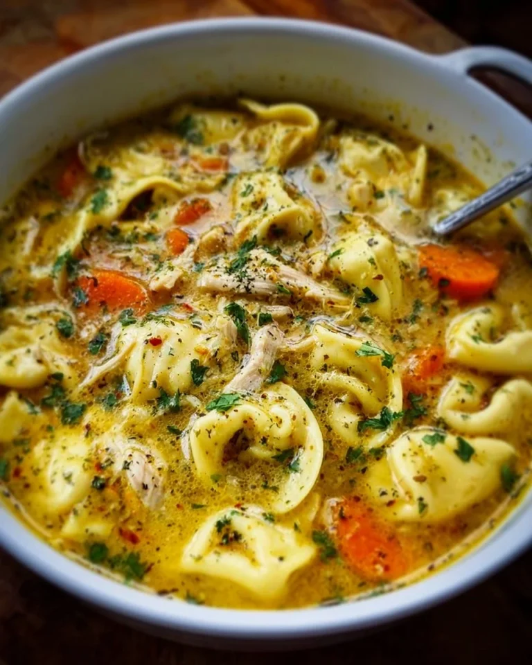 Delicious Chicken Tortellini Soup in a bowl garnished with herbs