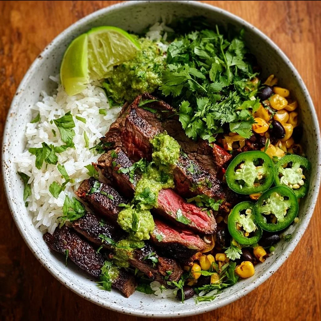 Cilantro lime steak bowls topped with fresh ingredients and herbs