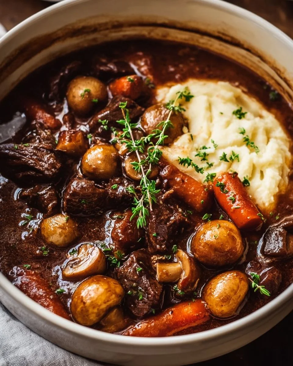 A bowl of classic Beef Bourguignon with vegetables and herbs.