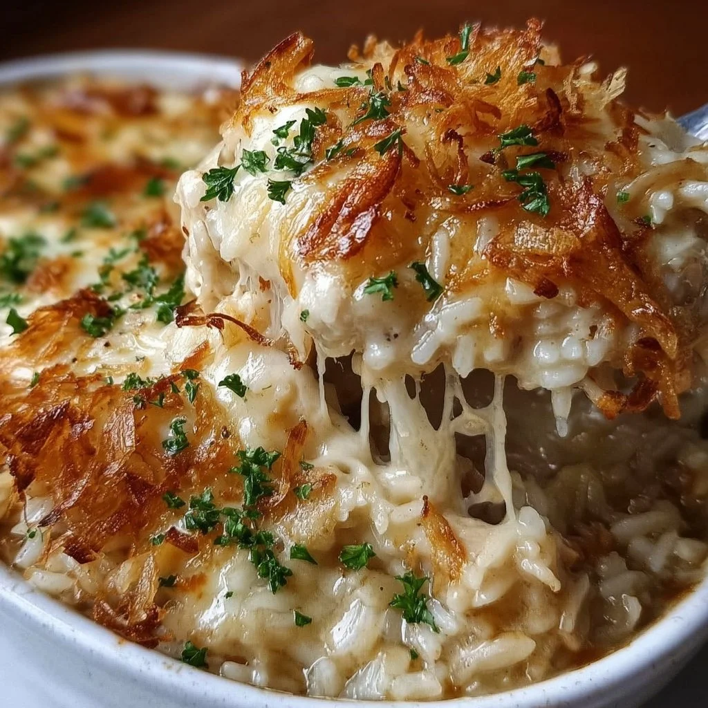 Delicious French Onion Chicken Rice Bake served in a casserole dish