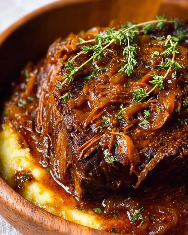Delicious French onion pot roast served with herbs and caramelized onions.