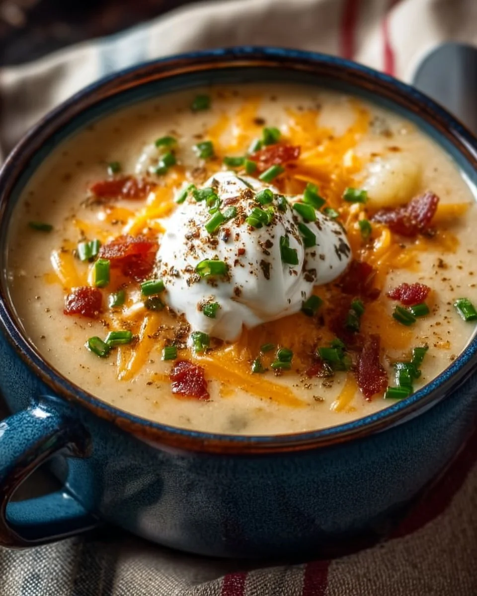 Bowl of comforting loaded baked potato soup topped with cheese and chives