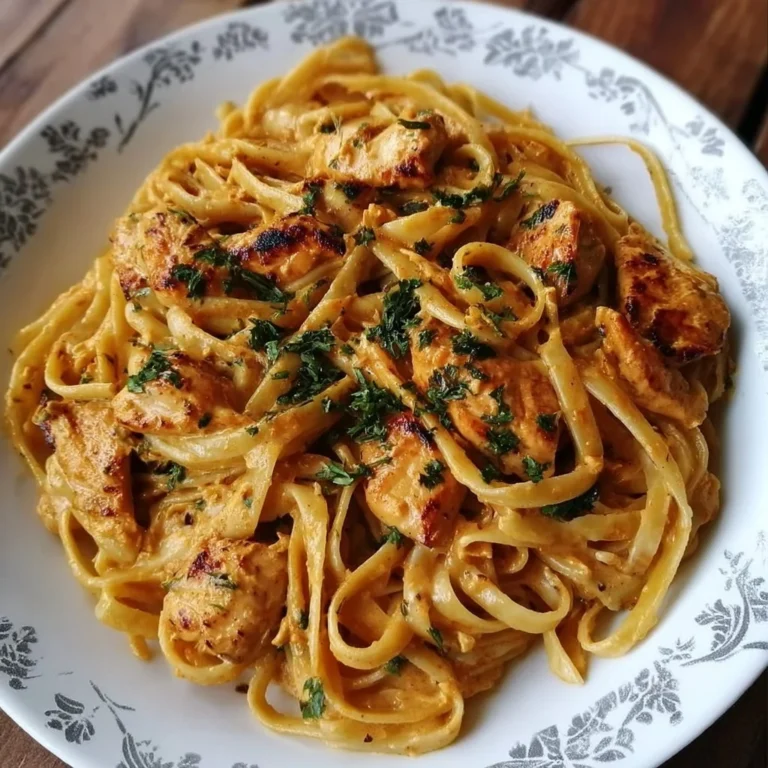 Plate of Cowboy Butter Chicken Linguine garnished with herbs and spices