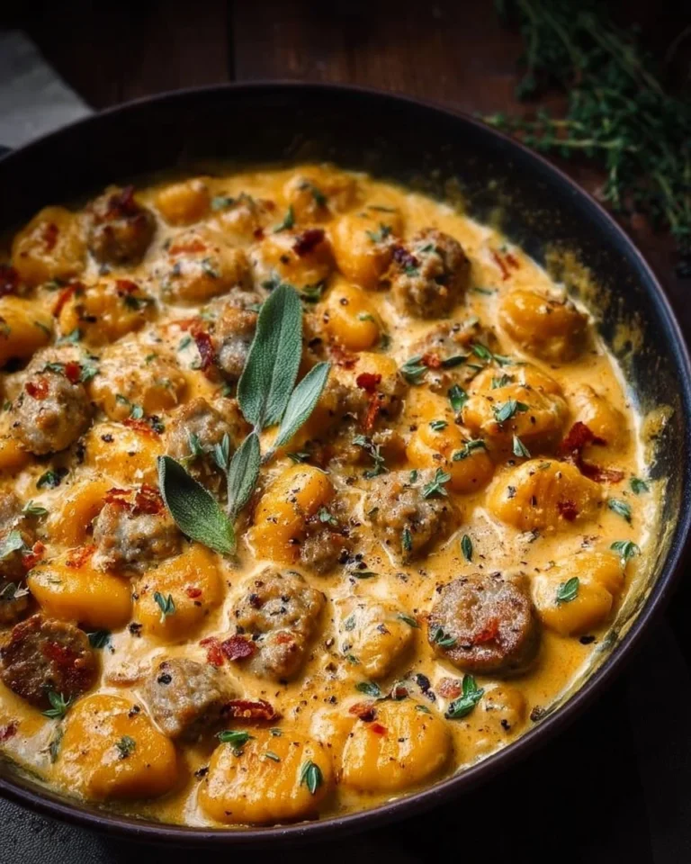 Creamy butternut squash gnocchi with sausage served in a bowl