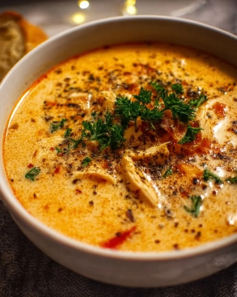 Bowl of creamy Cajun chicken soup with colorful vegetables and spices.