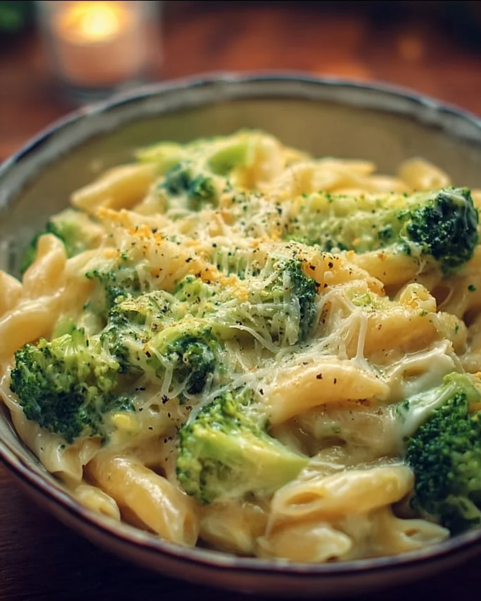 Creamy cheesy broccoli pasta served in a bowl with fresh herbs