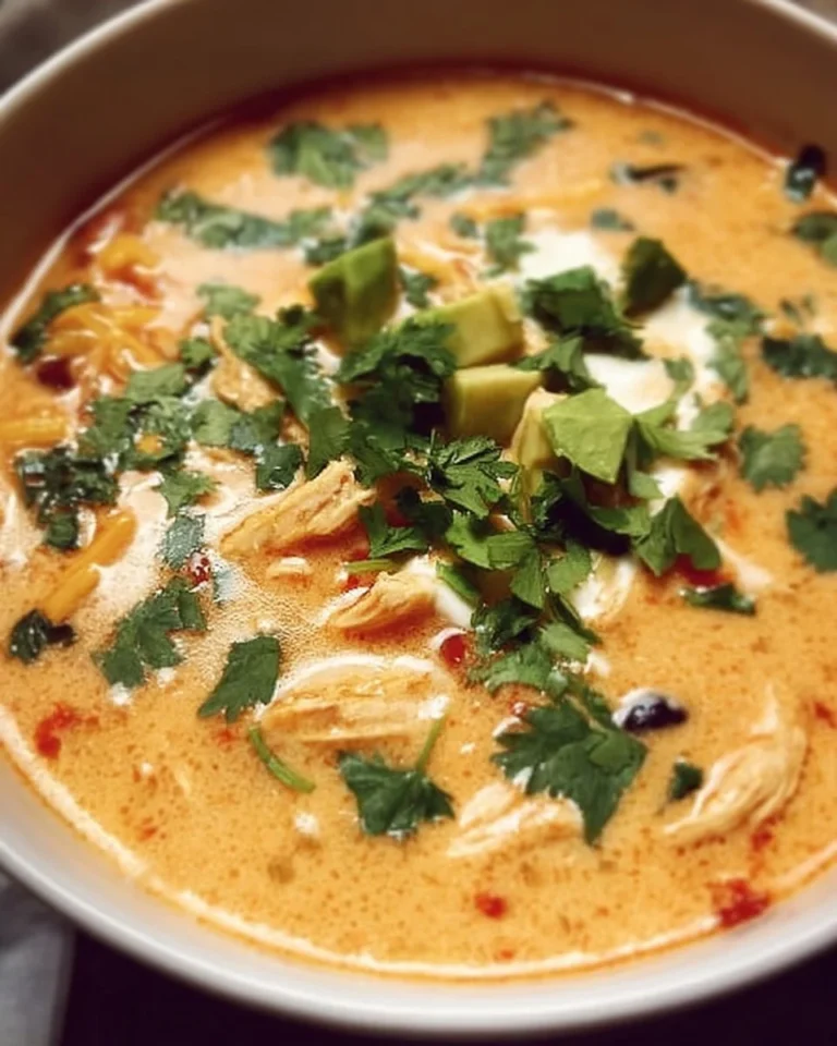 Delicious creamy chicken enchilada soup topped with cilantro and tortilla strips