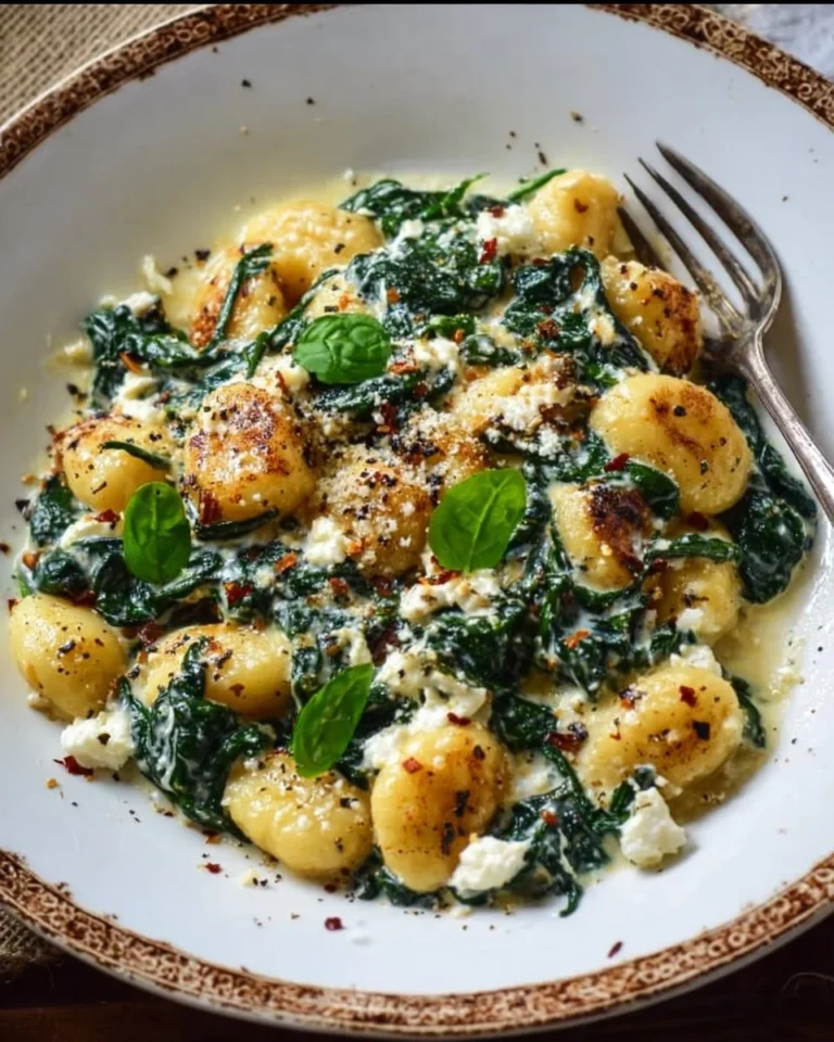Creamy gnocchi dish with spinach and feta cheese served in a bowl