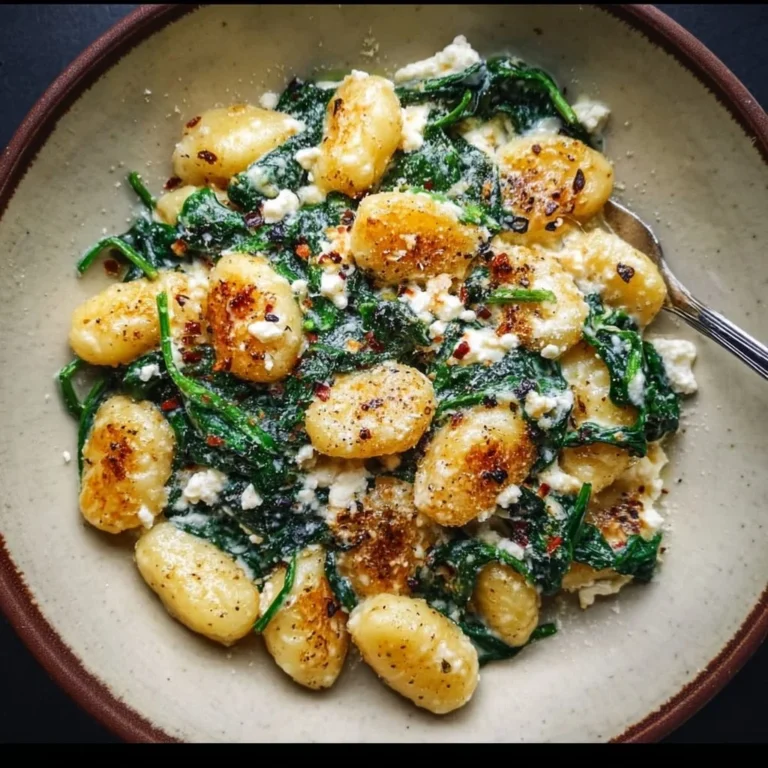 Creamy gnocchi with spinach and feta on a plate, garnished with herbs