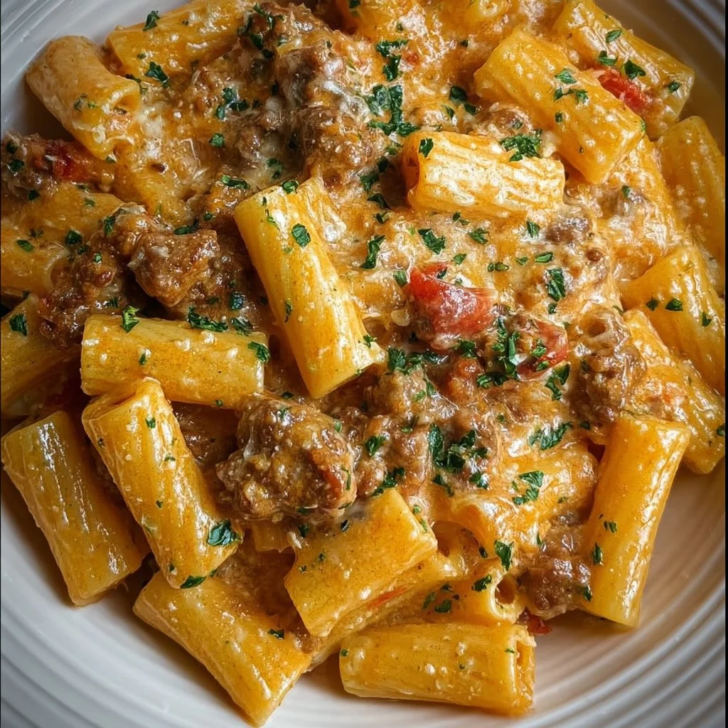 Creamy Italian sausage rigatoni served in a bowl with herbs and cheese